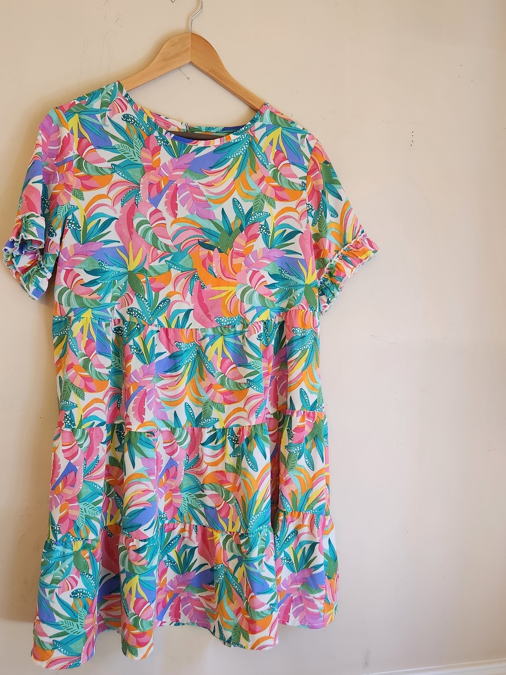 Shein Multicolor Tropical Tiered Dress - Pink, Teal, Yellow, Orange